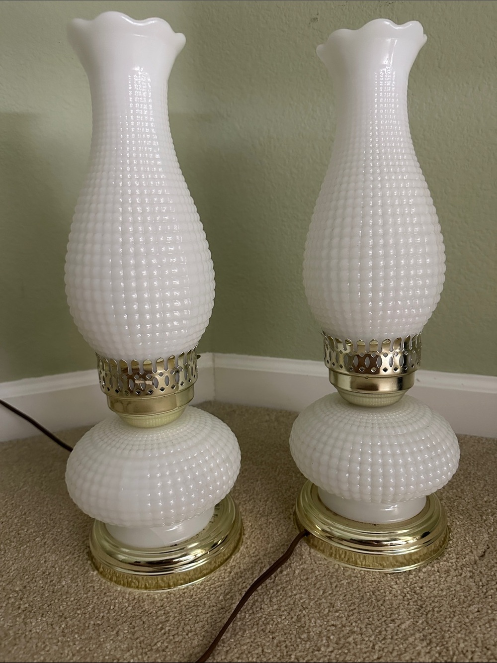 White Hobnail Glass Table Lamp Pair with Gold Accents